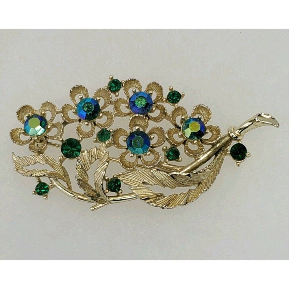 Vintage Lisner Silvertone Tourquoise Rhinestone Floral Pin Brooch Signed